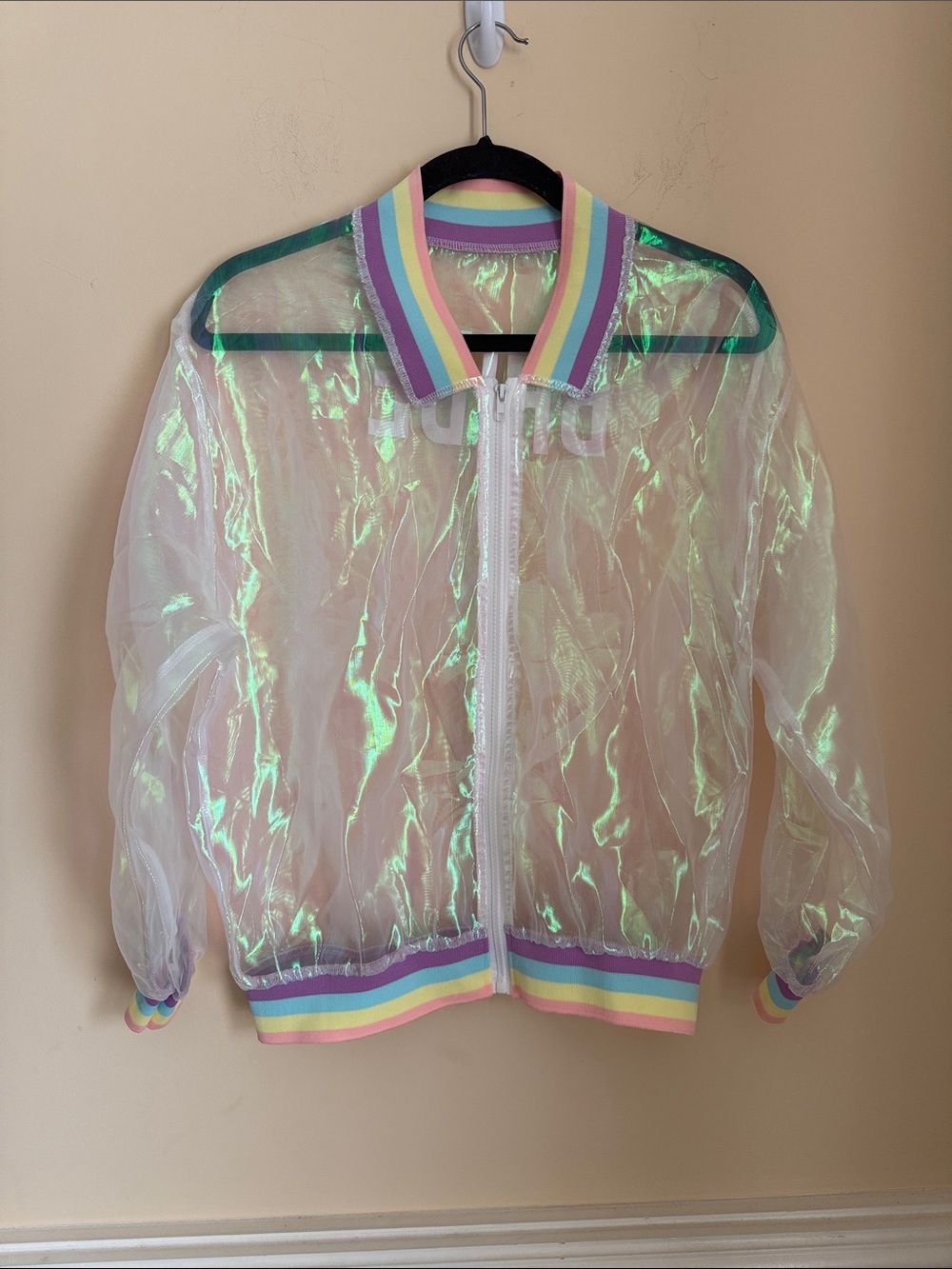 Iridescent Sheer Zip-Front Jacket with Rainbow Trim one size